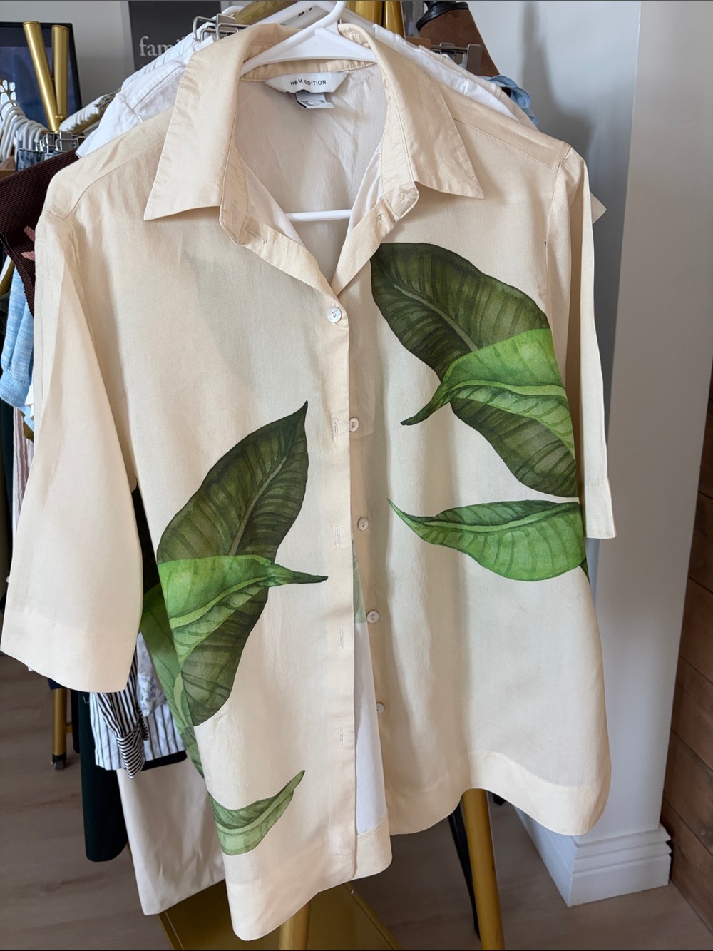 H&M Cream Oversized Button-Down Shirt with Green Leaf Motif